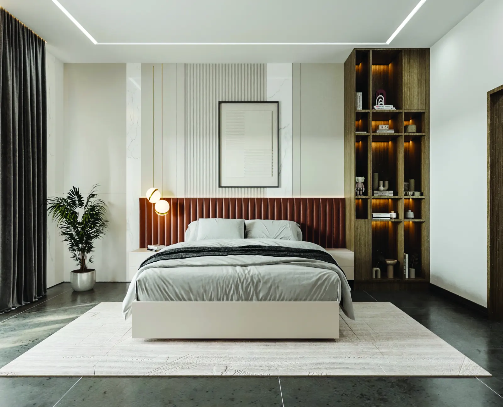 Bedroom with a maroon fluted headboard and lit display shelves in a 3 BHK home in Hosur, designed by Huma Interiors