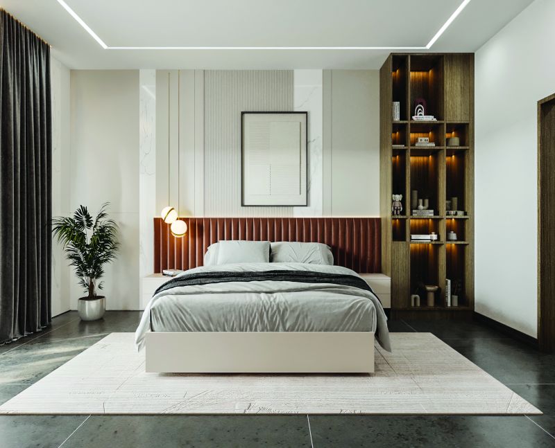 Bedroom with a maroon fluted headboard and lit display shelves in a 3 BHK home in Hosur, designed by Huma Interiors