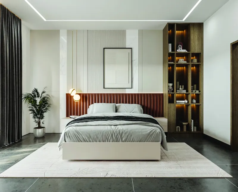 Bedroom with a maroon fluted headboard and lit display shelves in a 3 BHK home in Hosur, designed by Huma Interiors