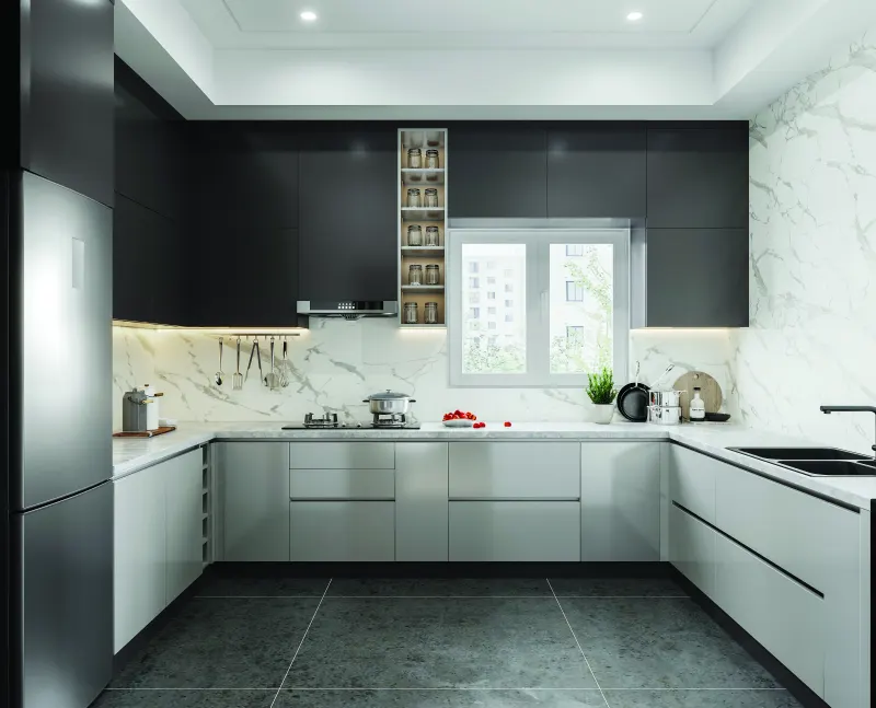 U-shaped modular kitchen in grey and white with dark wall cabinets in a 3 BHK home in Hosur, designed by Huma Interiors