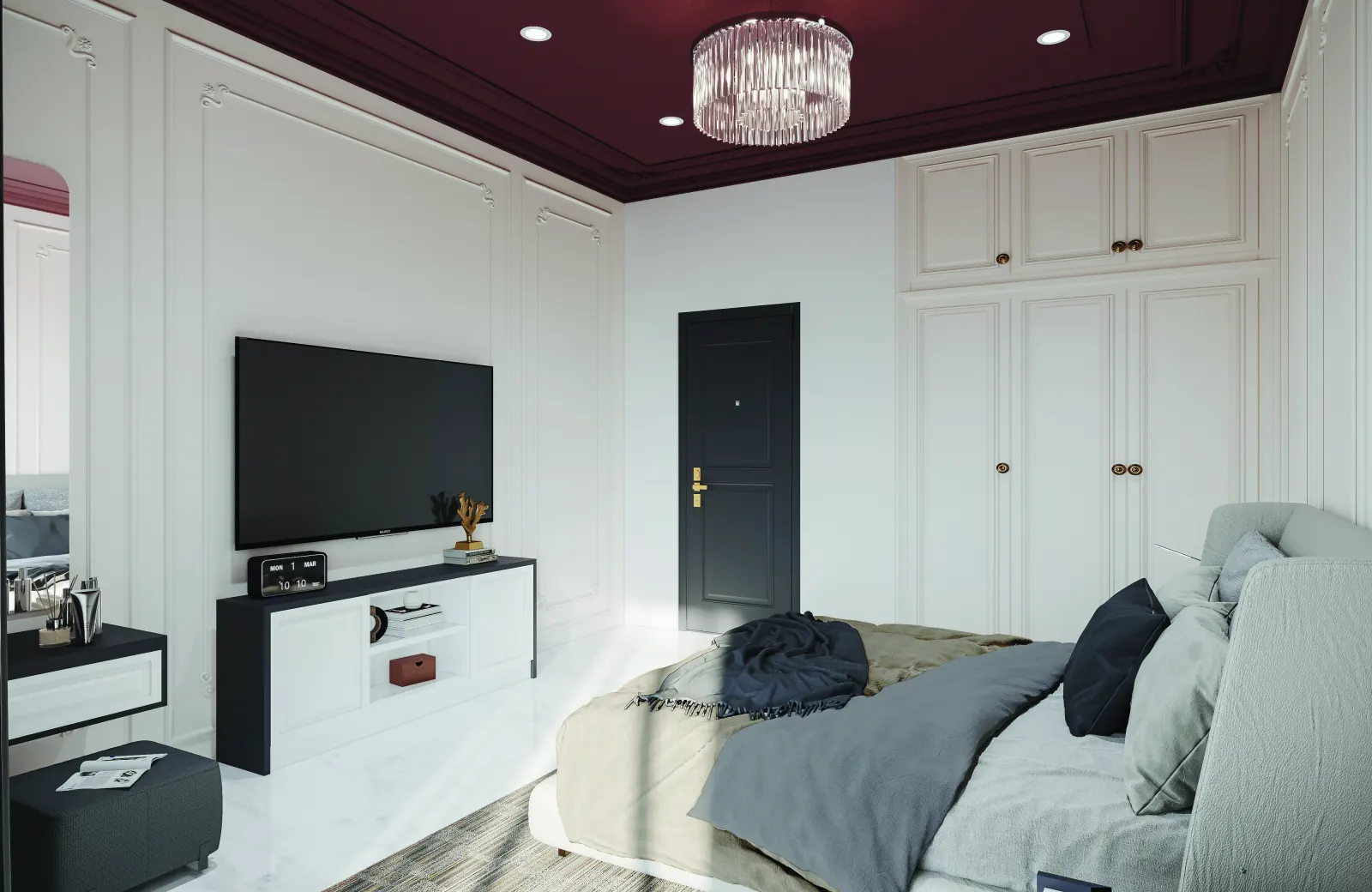 Bedroom with a white floor-to-ceiling wardrobe and a TV unit in a 2 BHK home in Chandapura, designed by Huma Interiors
