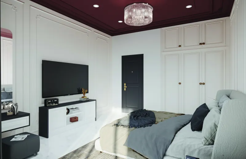 Bedroom with a white floor-to-ceiling wardrobe and a TV unit in a 2 BHK home in Chandapura, designed by Huma Interiors