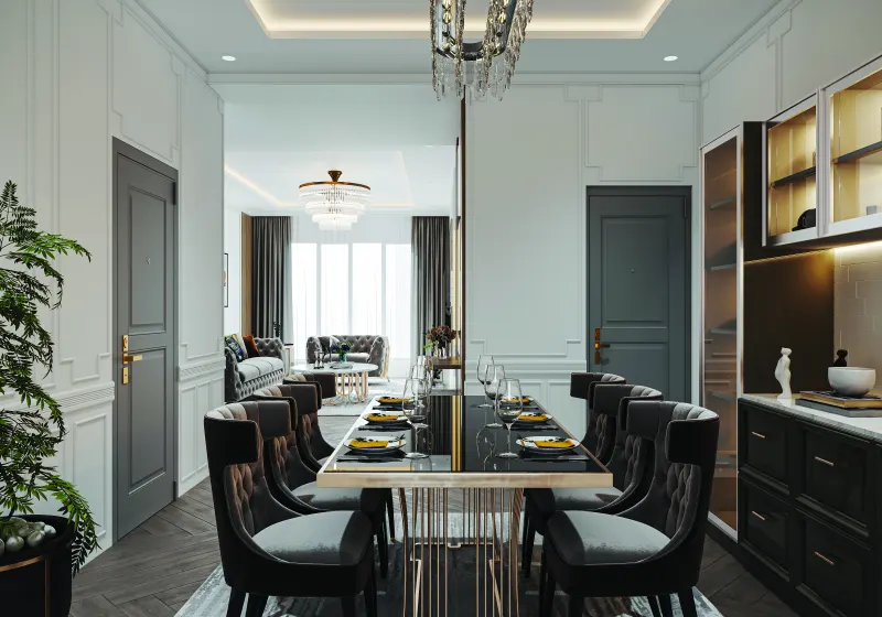 Dining area with a crockery unit in a 2 BHK home in Chandapura, designed by Huma Interiors