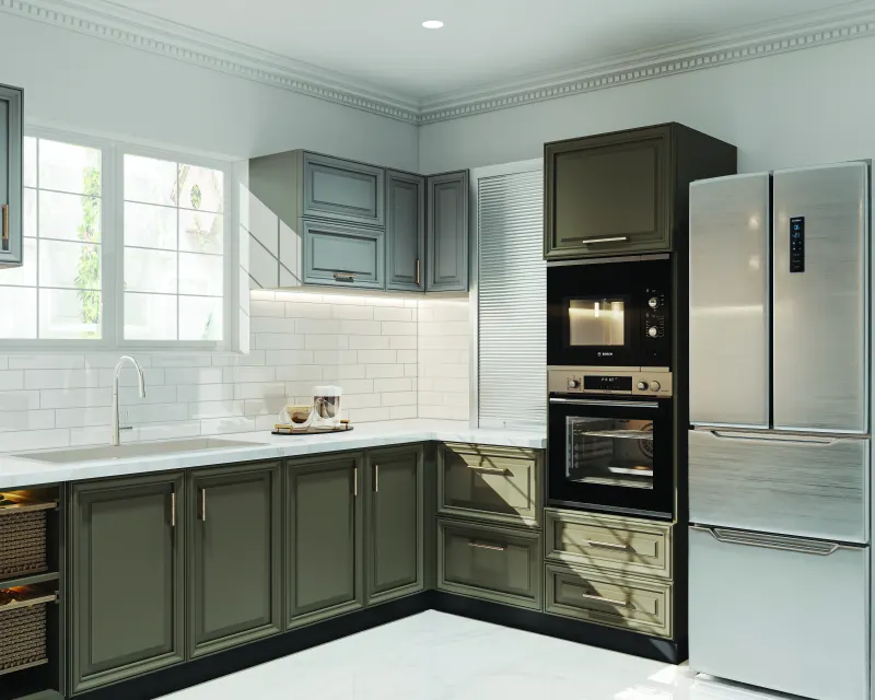Modular kitchen with olive-grey cabinets and a tall unit for the oven and fridge in a 2 BHK home in Chandapura, designed by Huma Interiors