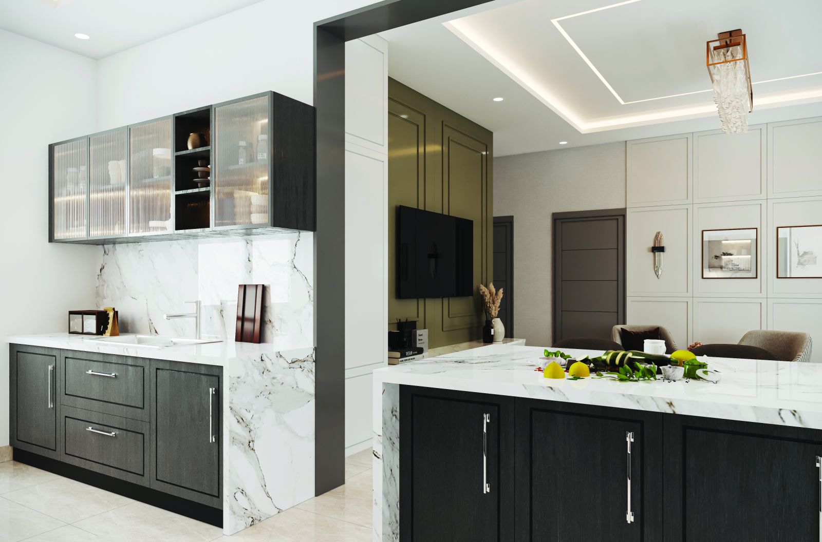 Kitchen with dark grey cabinets, glass wall units and a breakfast counter in a 2 BHK home in Bagaluru, designed by Huma Interiors