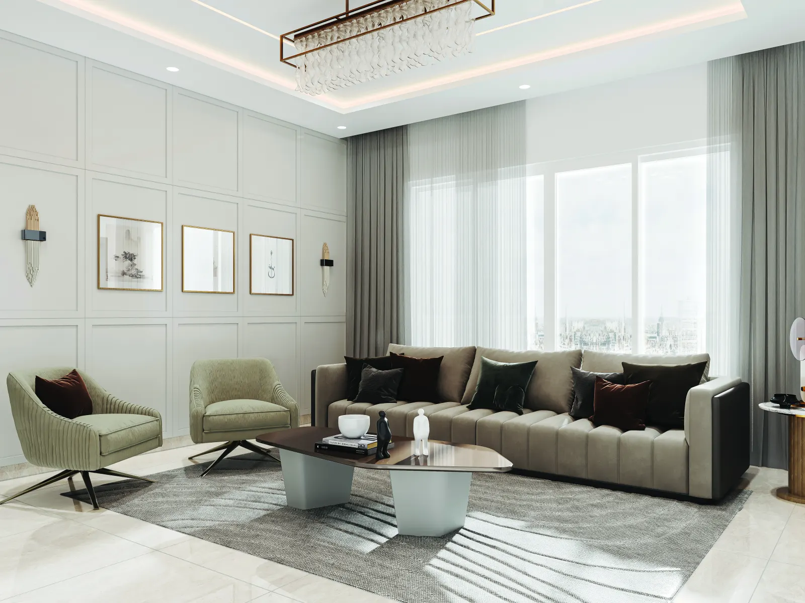Living room with a grey sofa and panelled walls in a 2 BHK home in Bagaluru, designed by Huma Interiors