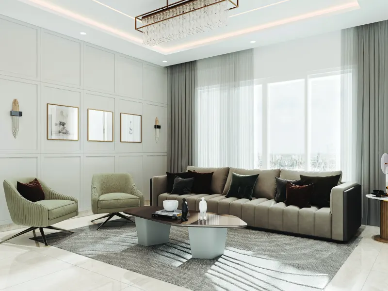Living room with a grey sofa and panelled walls in a 2 BHK home in Bagaluru, designed by Huma Interiors