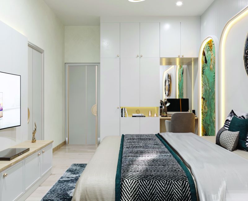 Bedroom with a white wardrobe and an arched dressing niche in a 3 BHK home in Varthur, designed by Huma Interiors