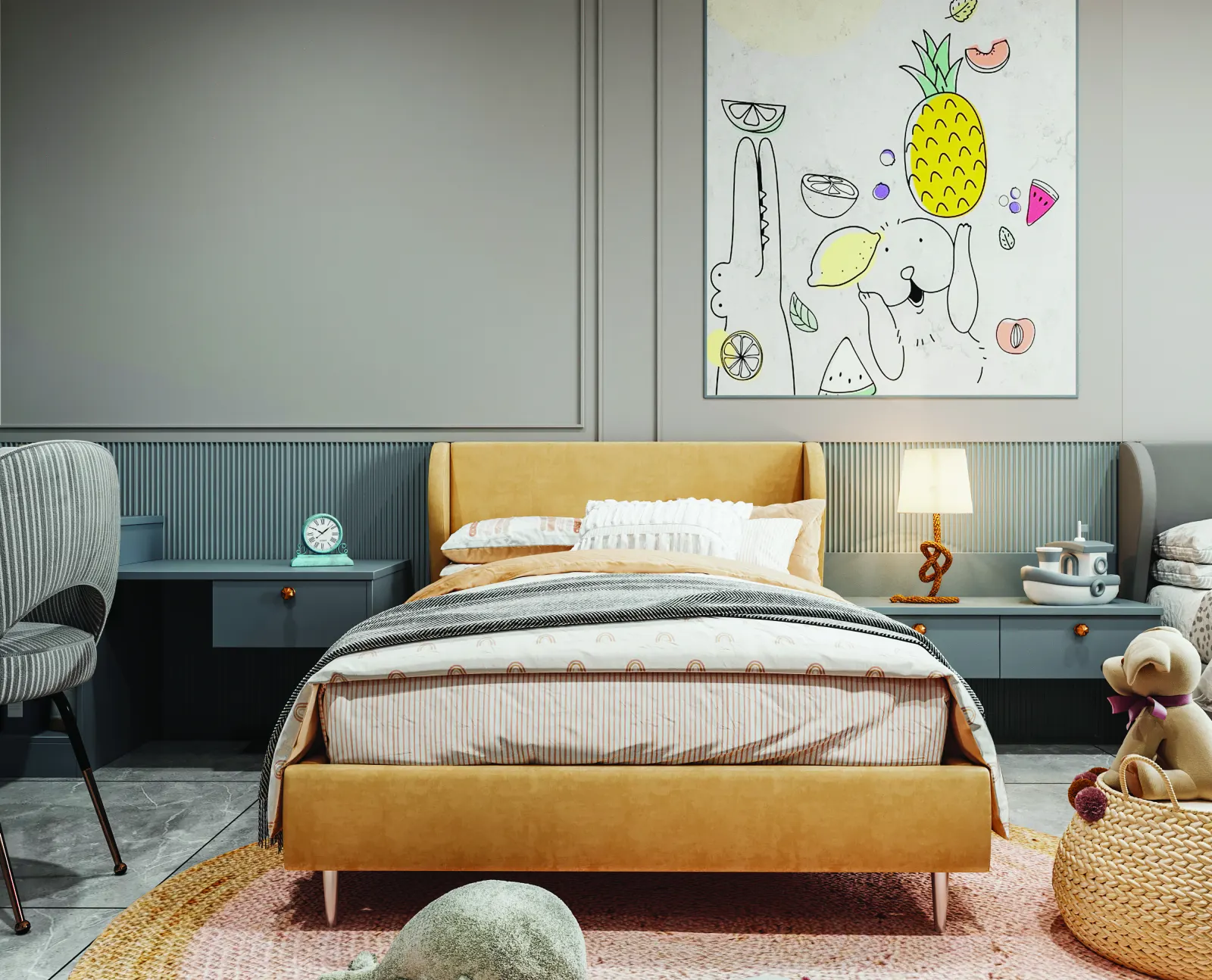 Children’s bedroom with a mustard upholstered bed in a 3 BHK home in Varthur, designed by Huma Interiors
