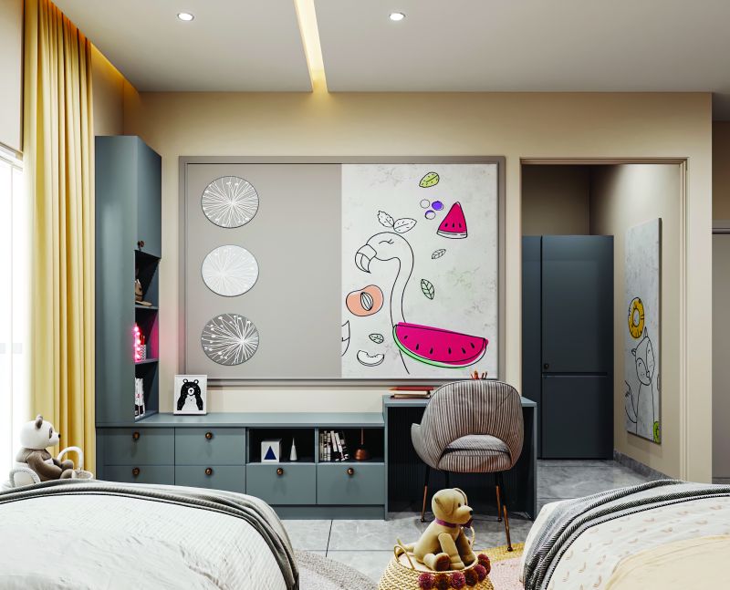 Children’s room with a grey study and storage unit in a 3 BHK home in Varthur, designed by Huma Interiors