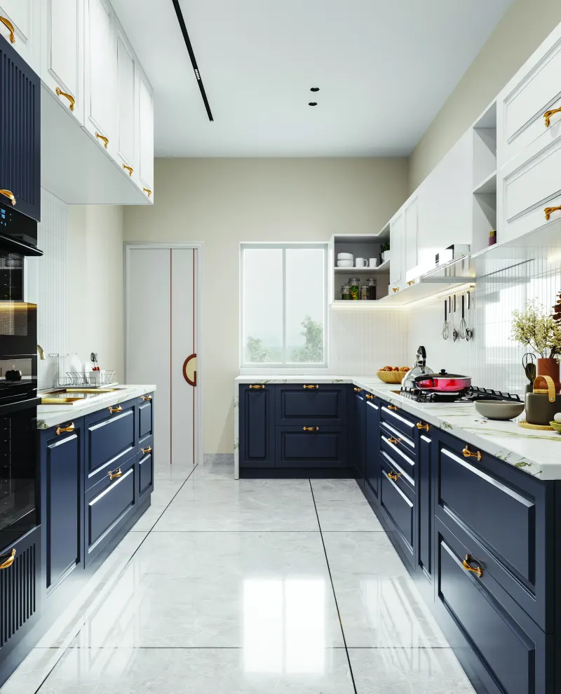Modular kitchen with navy blue base cabinets and a white countertop in a 3 BHK home in Varthur, designed by Huma Interiors