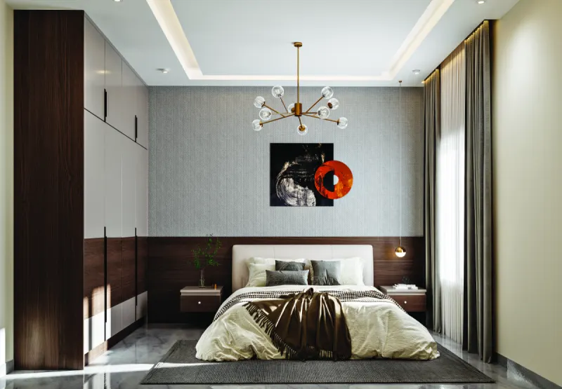 Bedroom with dark wood panelling and a textured grey wall in a 3 BHK home in Jigani, designed by Huma Interiors