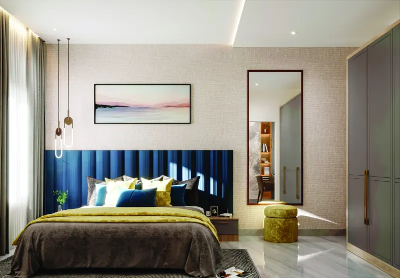 Bedroom with a navy blue channel-tufted headboard in a 3 BHK home in Jigani, designed by Huma Interiors