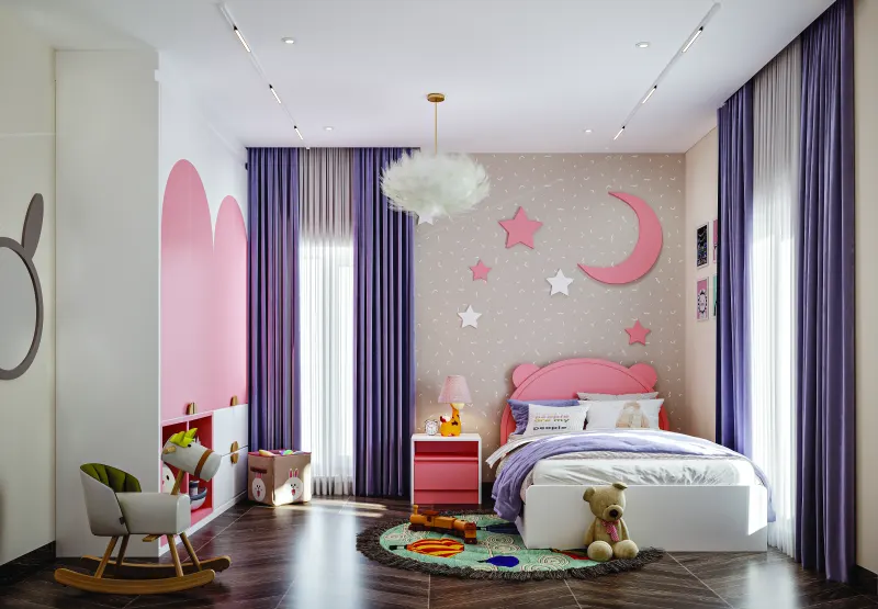 Children’s room with a pink arch wall and purple curtains in a 3 BHK home in Jigani, designed by Huma Interiors