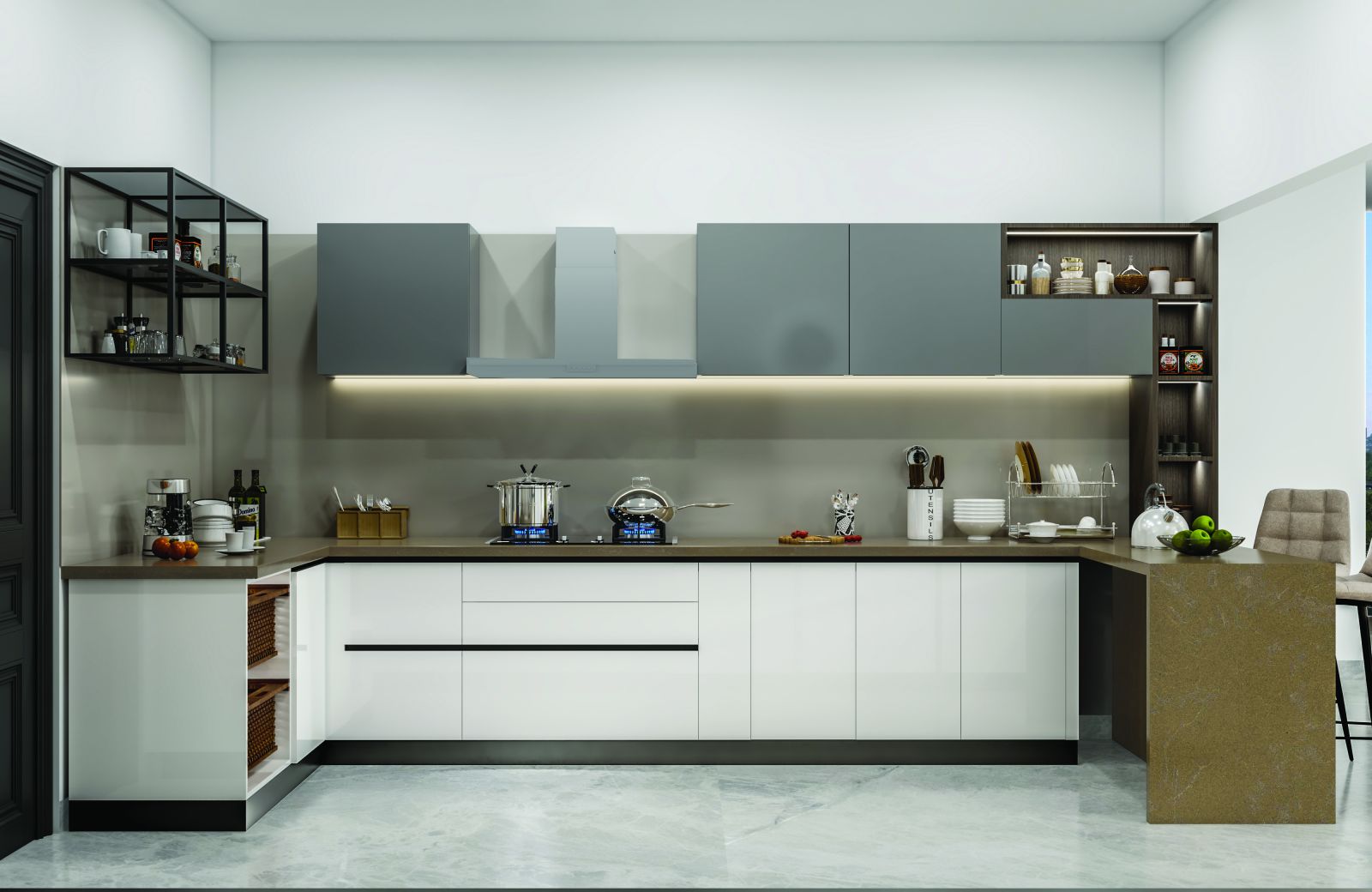 L-shaped modular kitchen in white and grey with a breakfast counter in a 3 BHK home in Jigani, designed by Huma Interiors