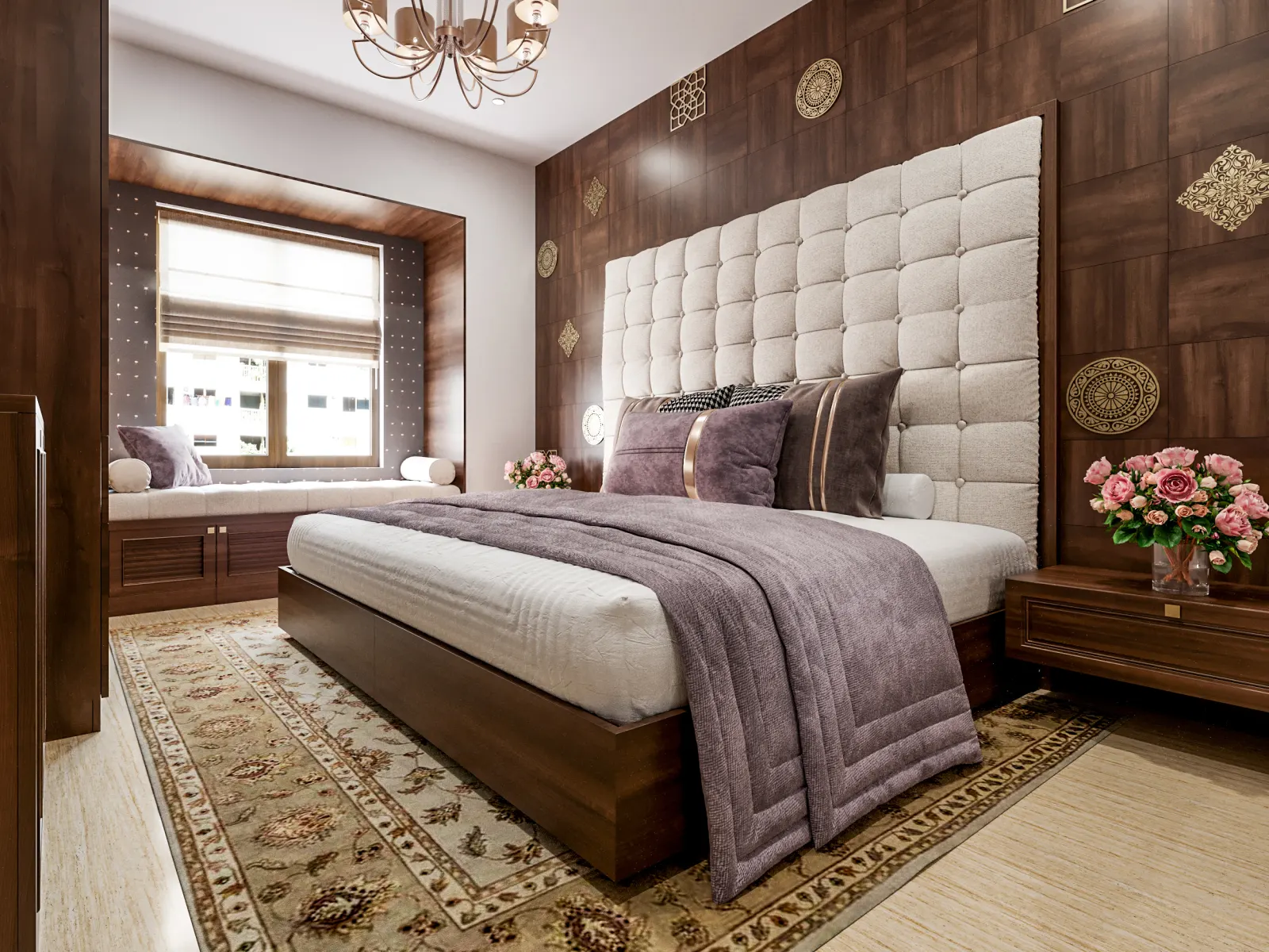 Bedroom with a tall tufted headboard and wooden wall panels in a traditional villa on Sarjapur Road, designed by Huma Interiors