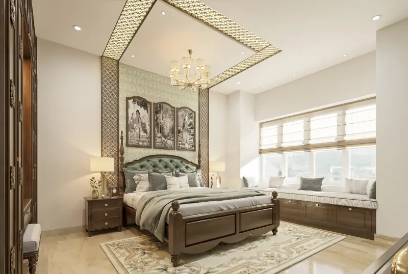 Traditional bedroom with a carved wooden bed in a villa on Sarjapur Road, designed by Huma Interiors