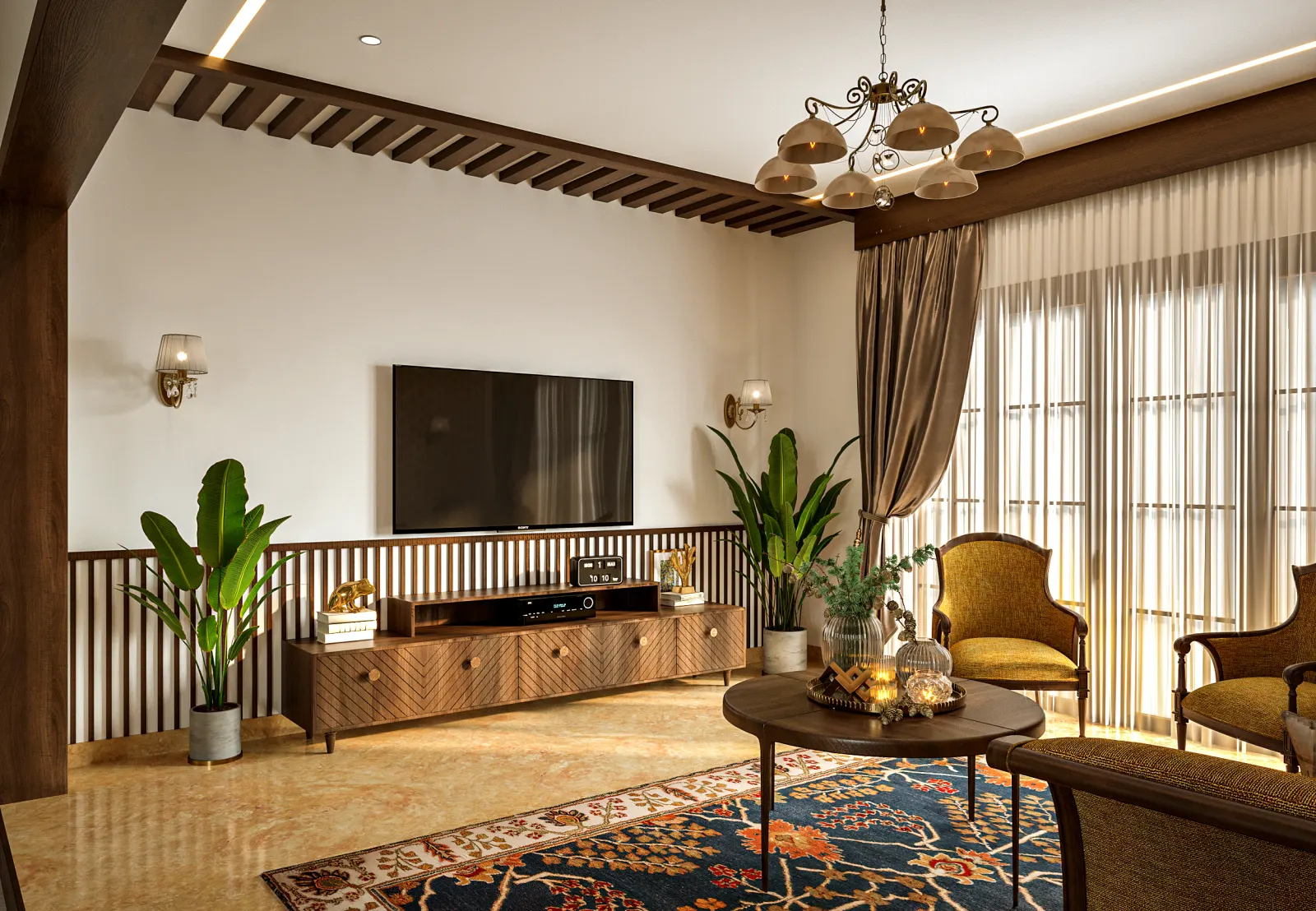 Traditional living room with a wooden TV unit in a villa on Sarjapur Road, designed by Huma Interiors