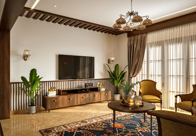 Traditional living room with a wooden TV unit in a villa on Sarjapur Road, designed by Huma Interiors