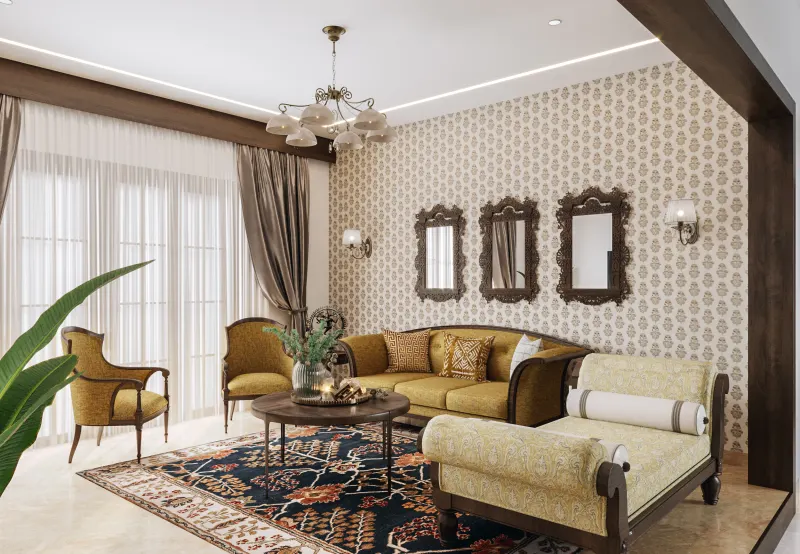 Traditional living room with a mustard sofa and carved wall mirrors in a villa on Sarjapur Road, designed by Huma Interiors