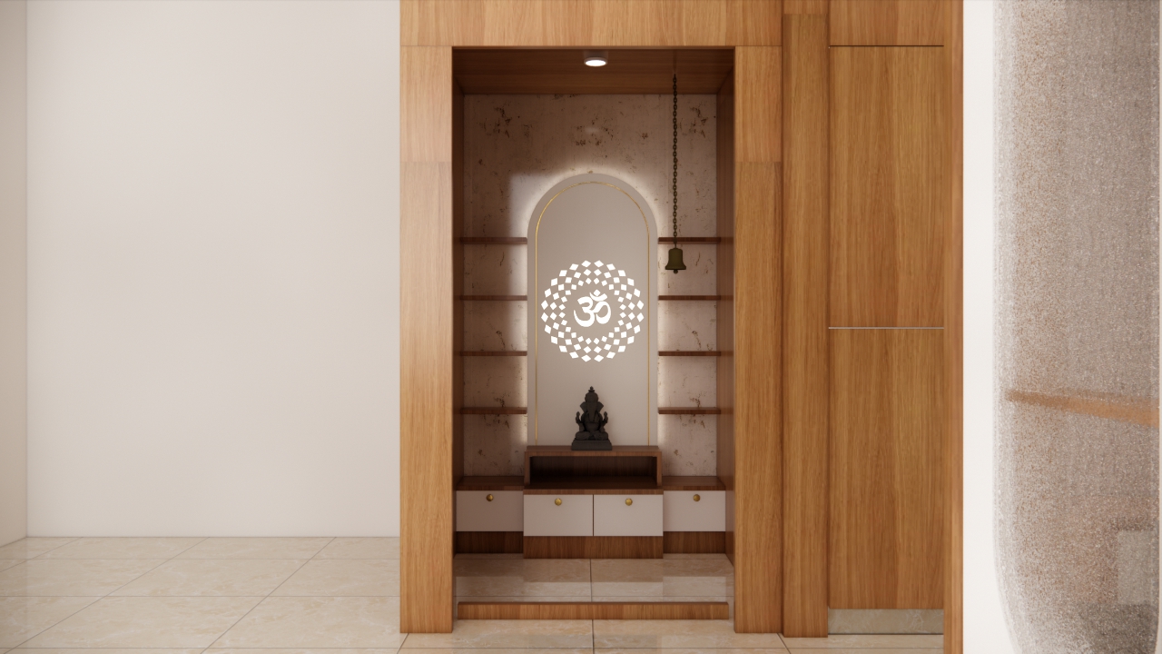 Pooja unit with a backlit Om panel and wooden shelves set into a panelled wall, by Huma Interiors